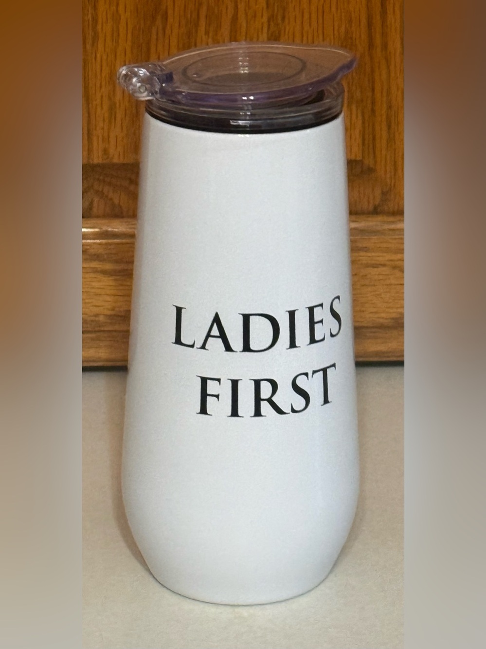 “Ladies First” White Insulated Tumbler with Clear Lid